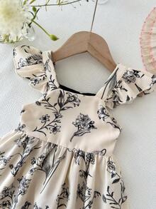 LMoss Kids 女婴碎花圆领荷叶袖休闲连衣裙 - 黑與白 - 查看 7
