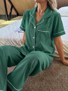 Napfluff Contrast Trim Lapel Cardigan Women Pajama Set - Green - View 3