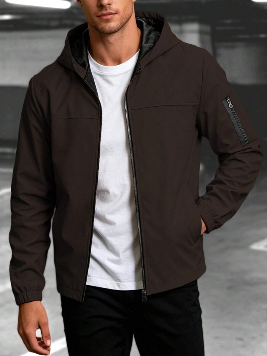 Manfinity Homme Men's Jacket & Coat Hooded Zip-Up Cardigan - Coffee Brown - View 1