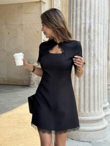 SHEIN PariChic Đầm ngắn phối ren kiểu Pháp thanh lịch, thích hợp cho những buổi đi chơi hàng ngày vào mùa hè. - màu đen - Xem 3