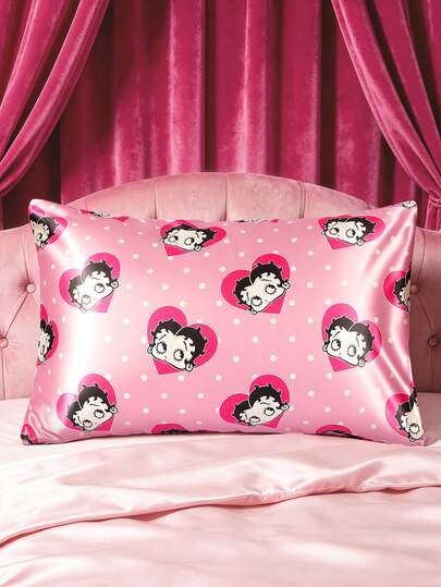 Betty Boop x SHEIN Pink Cartoon Character Decorative Satin Pillowcase Set, A Set Of 2, Thickened Material, Comfortable And Soft, Pattern Printing, Multi-Size Can Be Selected, Suitable For Various Pillows, Machine Washable