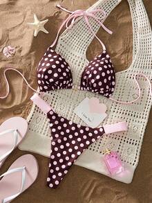 Swim Mod Women's 2pcs Polka Dot Random Print V-Neck Halter Tie Bikini Thong Swimwear Set, Summer Beach Party Pink And Brown Polka Dot Sexy - Multicolor - View 4
