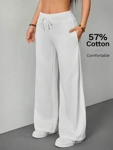 SHEIN PETITE Comfortable And Casual Plain Knit Low-Rise Wide-Leg Women Sweatpants - White - View 4