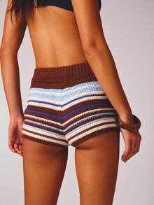 SHEIN Aralina-E Summer Women's Semi Sheer Cute Knitted Holiday Vacation Beach Multi Colour Stripe Short - Multicolor - View 2