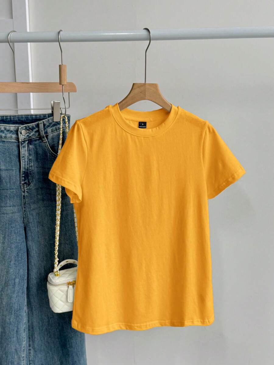 SHEIN BASICS 夏季运动纯色圆领短袖T恤 - 芥末黃 - 查看 1