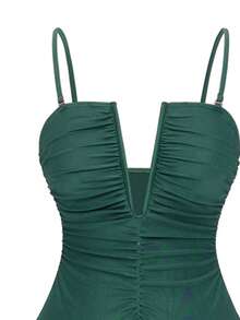Swim Oasis 2pcs/Set Sexy Solid Color V-Neck Ruched Spaghetti Strap Bandeau One-Piece Swimsuit & Front Twist Split Beach Dress Set - Green - View 3