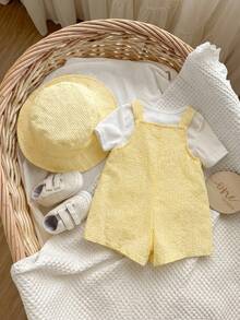 Baby Boy/Girl Casual Striped Short Sleeve Shirt & Solid Color Romper Shorts, Suitable For Spring/Summer Wear, Indoor And Outdoor - Yellow - View 3