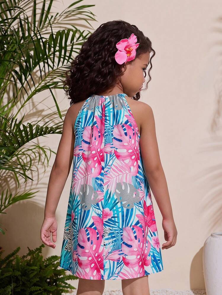 Haloumoning Girls Halter Neck Summer Dress – Hawaiian Floral Print Sleeveless Belted Casual Dress 5-14Y