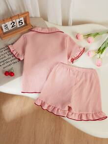 SHEIN Playful Pals 女童睡衣套装，舒适时尚，樱桃刺绣荷叶边装饰，优雅短袖短裤两件套睡衣 - 彩色 - 查看 7