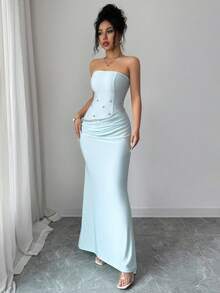 Elenzga Đầm cocktail thanh lịch, lãng mạn, tinh tế dành cho nữ, không dây vai, thắt eo, đính ngọc trai và kim cương. - Màu xanh Bạc hà - Xem 5