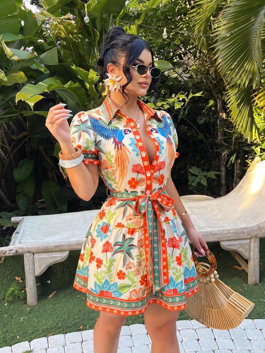 SHEIN SXY Bohemian Tropical Print Front Button A-Line Dress - Multicolor - View 1