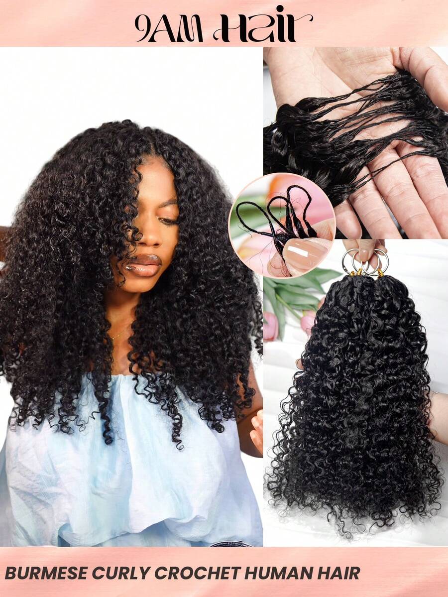 Boho Braids Burmese Curly Knotless Pre-Separated Crochet Hair Extensions 100% Human Hair Burmese Curly Feather Hair Boho Braid Feather Line Hair Braids Natural Color