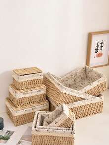 3Pcs S M L Size Handwoven Bohemian Style Desktop Storage Basket Set With Or Without Lid Multifunctional Organizer For Keys Cosmetics Snacks Coffee Table Living Room Entryway Home Decor Reusable Storage Shelf For Stationery Closet Toys Ideal Gift Basket - butterfly - View 8