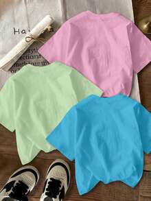 THE POWERPUFF GIRLS X SHEIN 女童休闲可爱字母卡通人物印花短袖T恤，夏季 - 彩色 - 查看 2