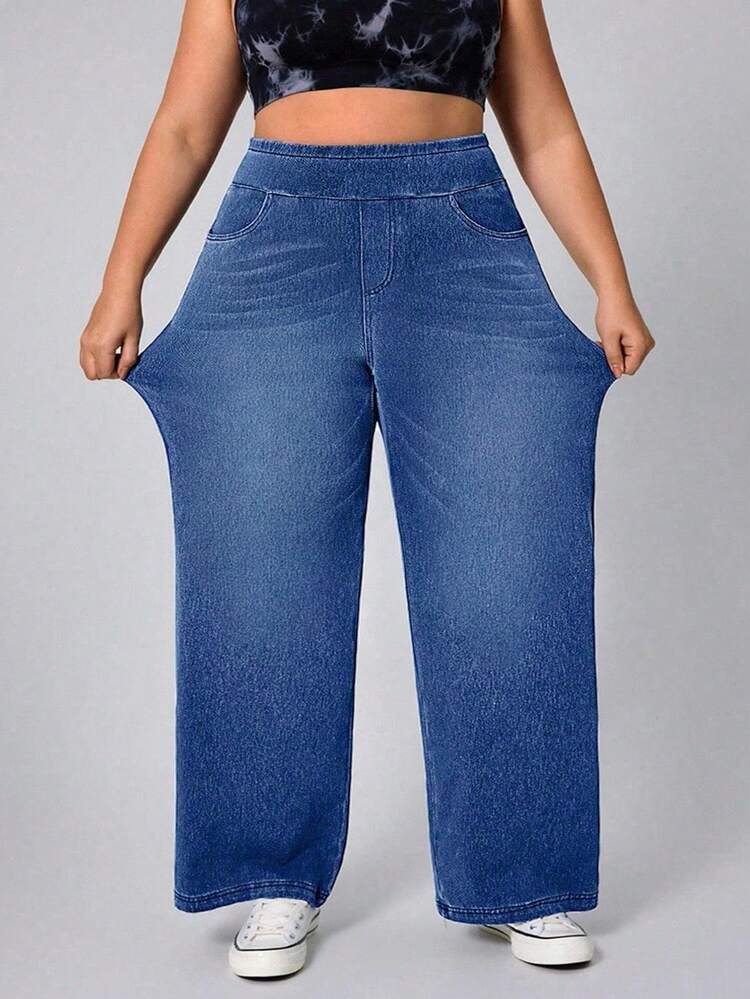 SHEIN CURVE+ Quần jeans ống rộng cạp chun dệt kim dáng rộng thoải mái dành cho nữ cỡ lớn - Rửa trung bình - Xem 1