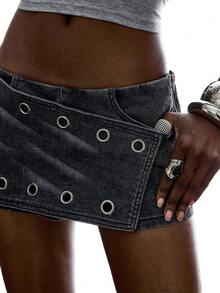 LYSMO Women's Fashionable Versatile Denim Skort With Chicken Eye Design - Black - View 7