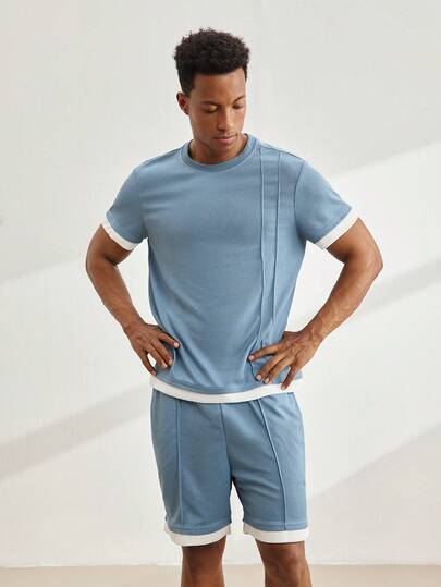 Driftmere 2pcs Men's Comfortable Waffle Knit Crew Neck Short Sleeve T-Shirt And Drawstring Elastic Waist Shorts Set, With Contrast Trim At Sleeve Cuffs, Hem And Leg Openings, 2 In 1 Design, Classic Sporty Style, Suitable For Casual, Vacation, Party, Workout, Office, Spring & Autumn Mens Two Piece Set Mens 2 Piece Outfits Summer Men Clothes Two Piece Men S Co Ord Set