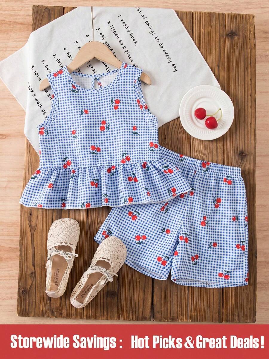 SHEIN Kleine Mädchen Karomuster Kirschprint Trägerhemd und Shorts Set - Blau - Übersicht 1