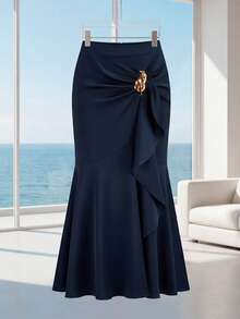 Modelyn Women's Solid Color Metal Decor Ruffle Hem Casual Versatile Date Outing A-Line Skirt - Navy Blue - View 1
