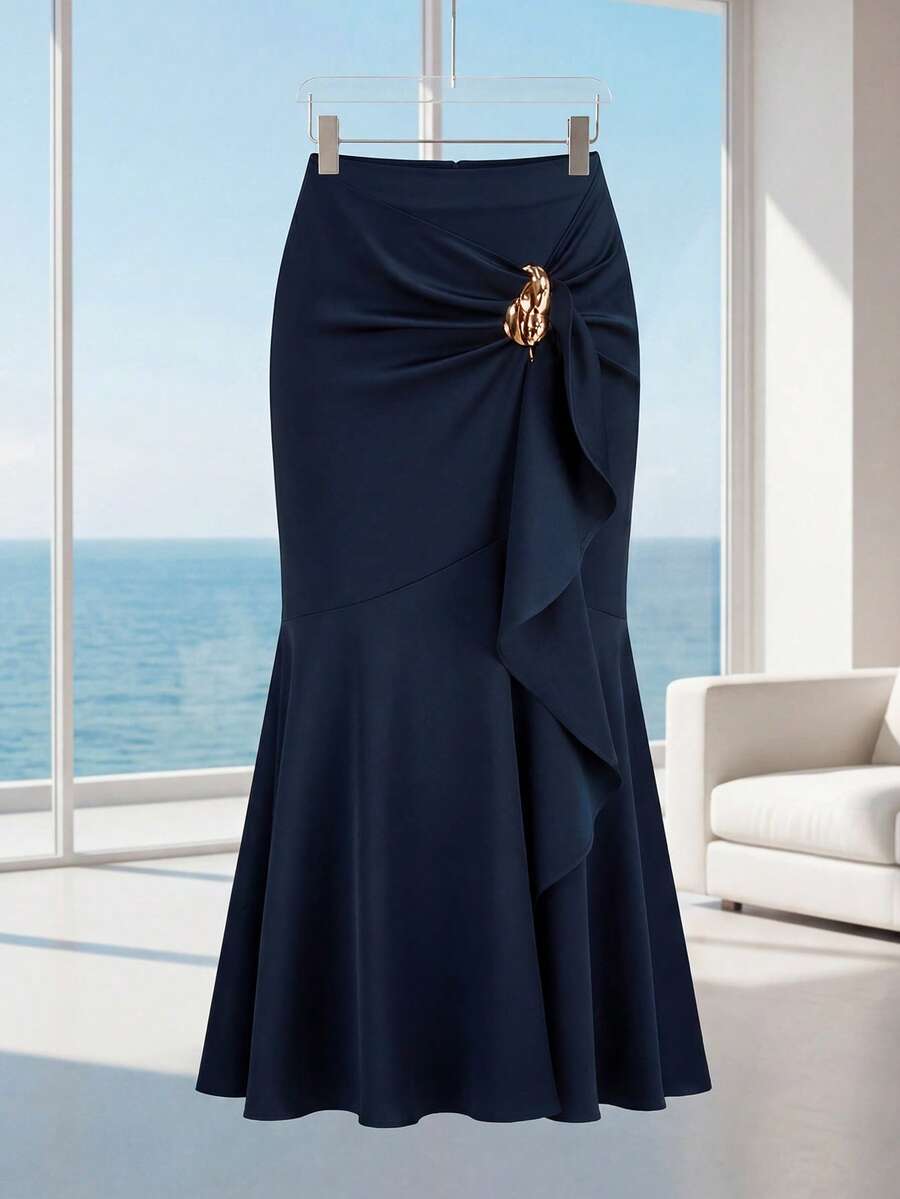 Modelyn Women's Solid Color Metal Decor Ruffle Hem Casual Versatile Date Outing A-Line Skirt - Navy Blue - View 1