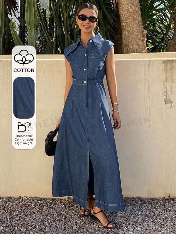 Livesso Trang phục đi nghỉ hè: Đầm denim trơn màu trơn cổ chữ V không tay, thắt eo dành cho nữ, đầm chống nắng cho nữ.