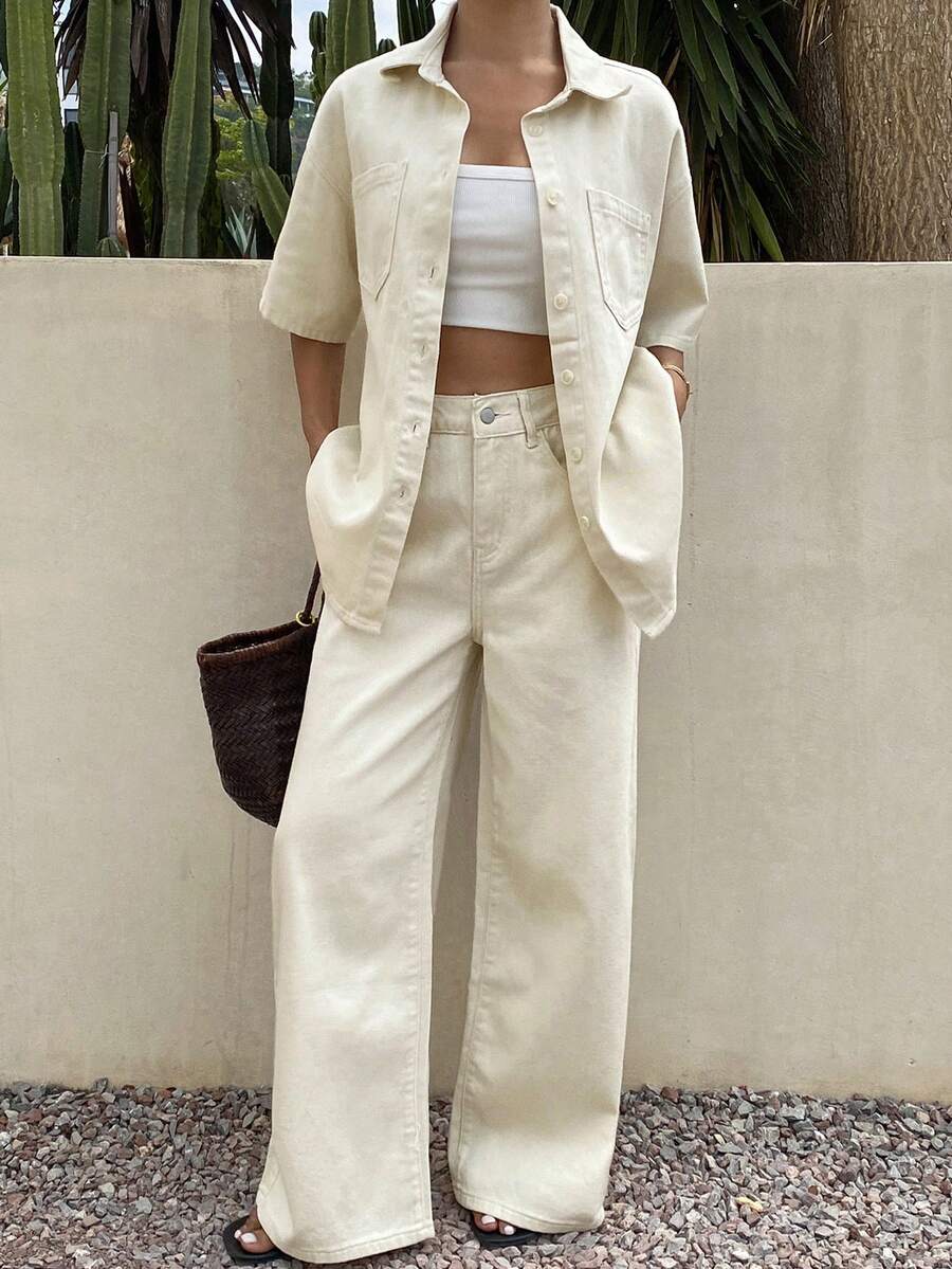 Women's Loose Casual Vacation Style Short Sleeve Shirt And Long Straight Leg Jeans Set, Spring/Summer - White - View 1