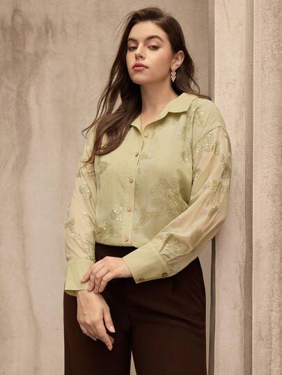 Flouryn 大码女式花卉刺绣单排扣休闲百搭日常衬衫