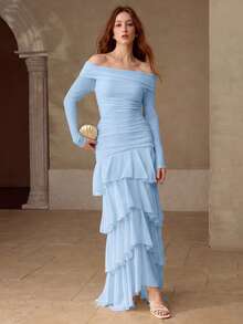 MOTF PREMIUM VESTIDO LARGO AJUSTADO CON TEXTURA, VOLANTES Y VOLANTES ACAMPANADOS PARA MUJER, OTOÑO/INVIERNO - Azul Agua - Ver 4