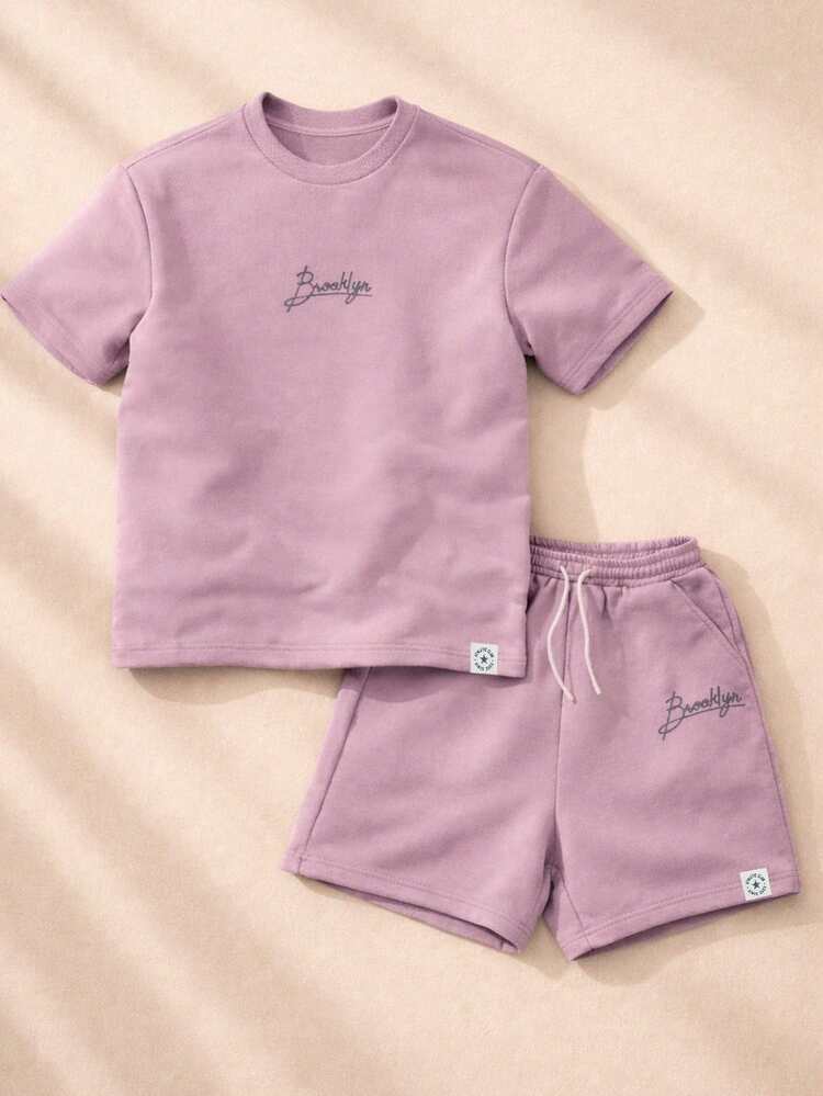 10대 남아 브루클린 스크립트 프린트 티셔츠 및 반바지 코디 세트 여름 캐주얼 코디 의상