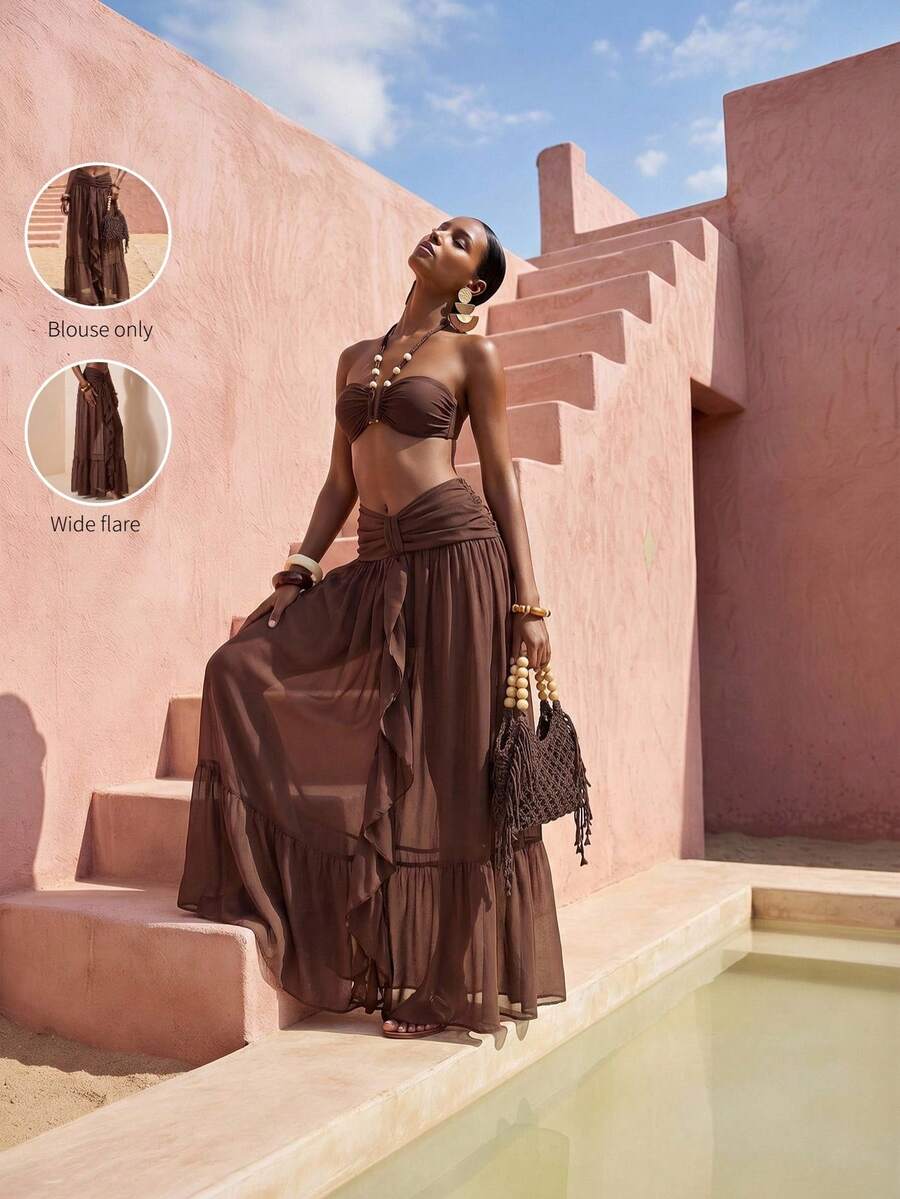 Zivah 最新款女士优雅镂空雪纺半身裙罩衫，适合海滩、泳池派对、度假，棕色 - 棕色 - 查看 1