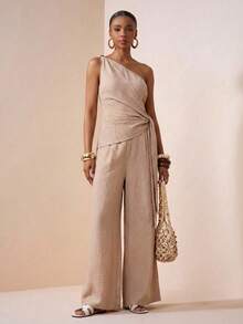 Zivah Women's Sleeveless Loose Jumpsuit With Asymmetric Shoulder Design - Khaki - View 10