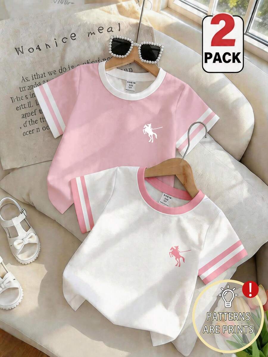 Souflis Souflis 2pcs/Set Young Girl Cute White And Pink Knight Print Contrast Color Round Neck Short Sleeve T-Shirt School Summer Casual - White - View 1