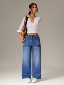 SHEIN PETITE 女士时尚百搭纽扣口袋直筒宽松牛仔裤 - 藍色 - 查看 5