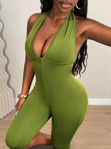 BamGleam 女士夏季深V领吊带牛油果绿露背吊带系腰性感派对修身连体裤 - 綠色 - 查看 5