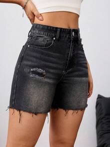 SHEIN Tall Shorts vaqueros rotos de mujer con bolsillos y dobladillo deshilachado, informales - Negro - Ver 5