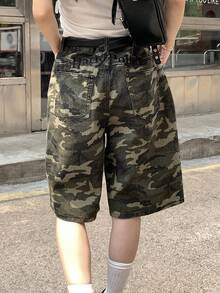 DAZY Quần short denim nữ dáng rộng, họa tiết rằn ri, có túi. - xanh quân đội - Xem 1