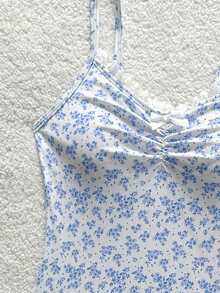 Tween Girl Ditsy Floral Ruched Front Bow One-Piece Swimsuit, Summer Beach Vacation - Baby Blue - View 8