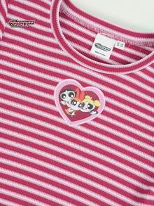 THE POWERPUFF GIRLS X SHEIN Maija Kids Áo thun ngắn tay cổ tròn tay ngắn viền bèo họa tiết hoạt hình dành cho bé gái tuổi teen - Hồng - Xem 7