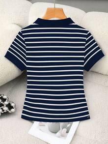 Rovax Women's Short Polo Shirt With Striped Horse Riding Print, Contrast Color Collar - Multicolor - View 2