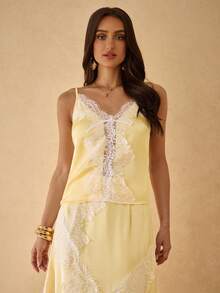 Silquee Women's Spring/Summer Satin & Lace Patchwork Camisole - Yellow - View 1