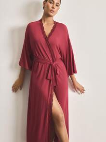Ocili Comfortable Lace Robe For Women - Burgundy - View 7