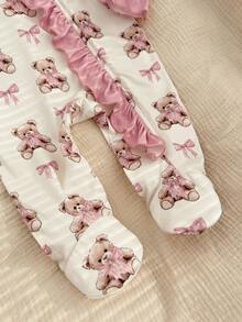 SHEIN Newborn Baby  Cute Knitted Cartoon Bear Pattern Romper With Headband Set - White - View 3