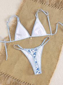 Swim Vcay 新款女士蓝色数码印花时尚比基尼套装 - 藍白色 - 查看 6