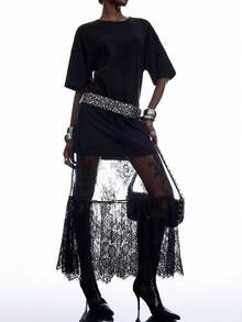 LYSMO 透视蕾丝拼接性感优雅连衣裙 - 黑色 - 查看 4