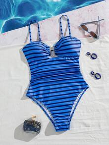 SHEIN Swim 女士新款条纹U领连体泳衣 - 藍色 - 查看 2
