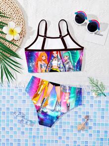 SHEIN Conjunto de traje de baño deportivo con estampado de personaje de dibujos animados y camiseta de tirantes colorida, adecuado para el verano - Multicolor - Ver 2