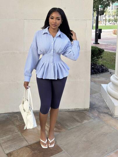 Alexandranx 女士休闲条纹荷叶边蝙蝠袖衬衫，适合工作和通勤，春秋季