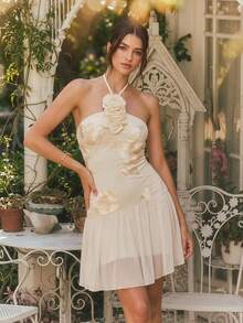 Enchnt Women's White Floral Halter Neck Mini Dress,Summer Elegant 3D Floral Embroidery Wedding Party Dress,Sweet& Outfits For Vacation&Holiday - Brown - View 8