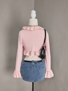 Glisette Ruffled Hem Fitted Flare Sleeve Design Fashionable Blouse, Suitable For Spring & Autumn - Baby Pink - View 2