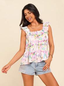Coeurva Women's Elegant Boho White Floral Print Sleeveless Top,Comfortable Square Neck Summer Blouse,Cute Girly Tops For Holiday Vacation,Daily Casual Wear - Purple - View 6